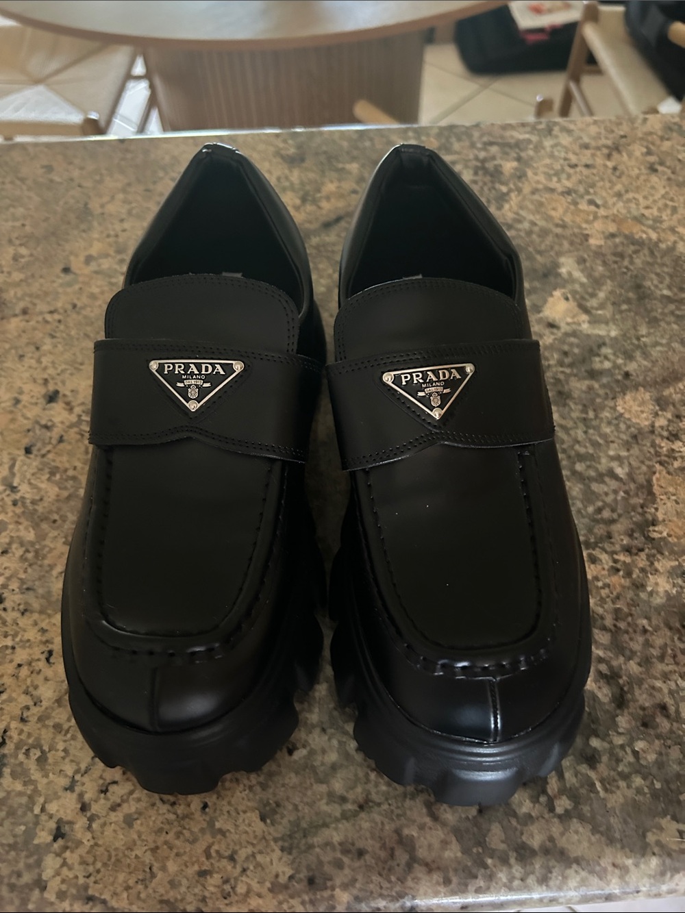 Prada Black Leather Chunky Lug-Sole Slip-On Loafers